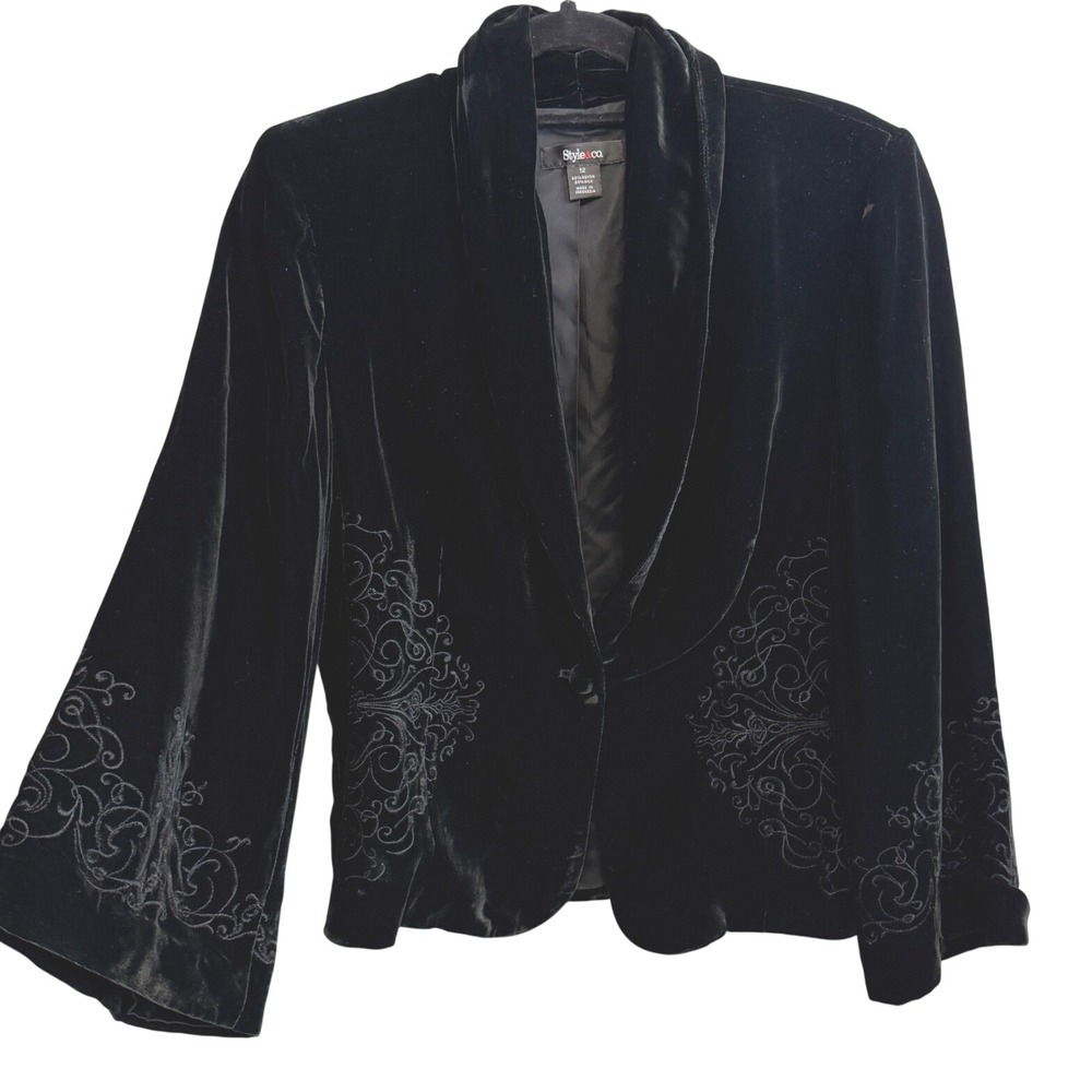 Vintage Whimsigoth Victorian Silk Velvet Blazer Womens 12 Black Embroidered Y2K